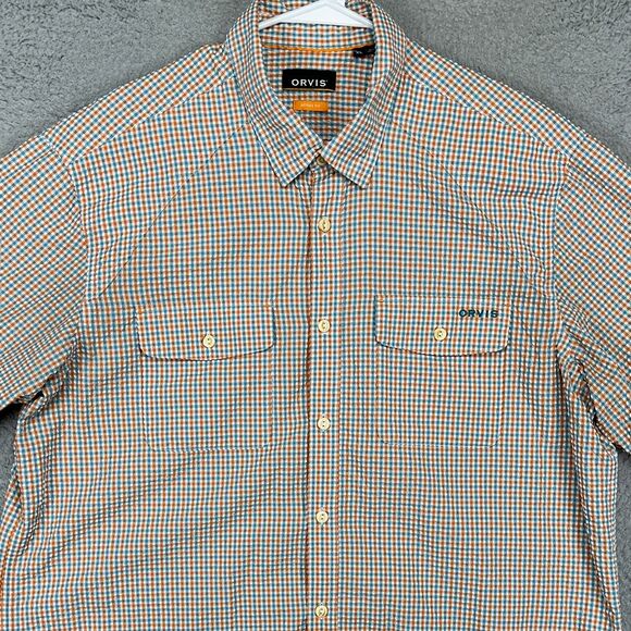 Orvis Seersucker Button Up Shirt Men XL Orange Blue Plaid Active Fit Flap Pocket